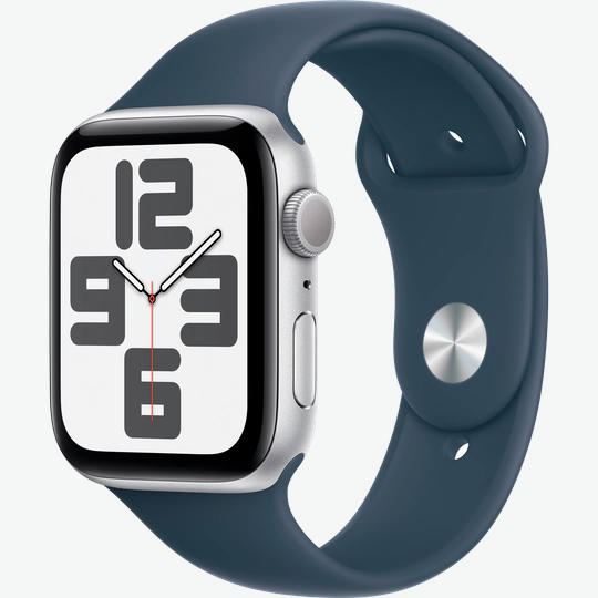 Apple Watch SE Gen 2 44mm (GPS) Silver Aluminum Case with Storm Blue Sport Band (M/L) (MREE3)