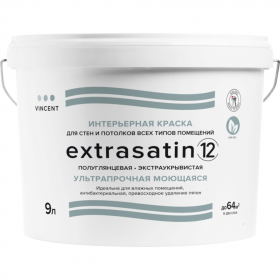 Краска Интерьерная Влагостойкая Vincent Extrasatin 12 2.25л Белая, Полуглянцевая / Винсент.