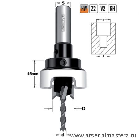 Сверло с зенкером и ограничителем 90гр HW Z2/2 S 10 X 25 D 4 / 12 RH CMT 515.412.11A