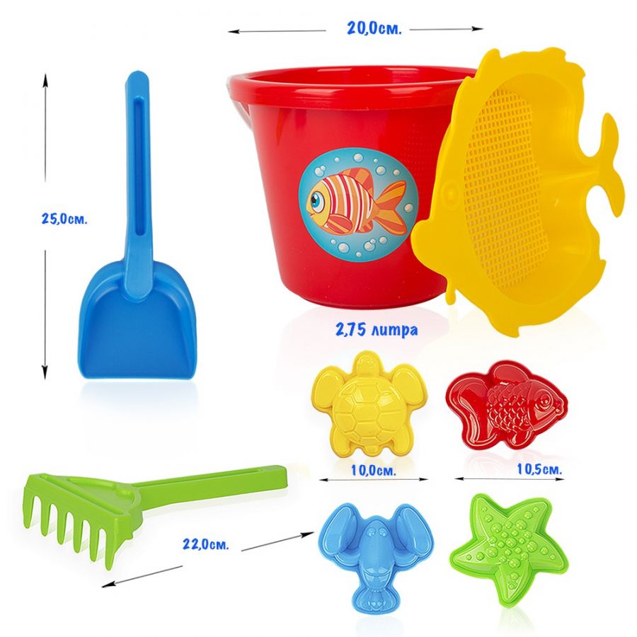 Песочный набор мультяшка «Дай Краба!» (4 формочки для песка, ведро большое, совок, грабли, сито)