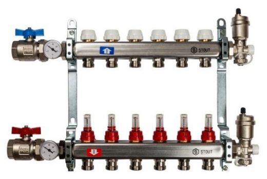 Stout 1" x 3/4" на 6 выходов коллектор с расходомерами в сборе из нерж. стали (SMS-0907-000006)