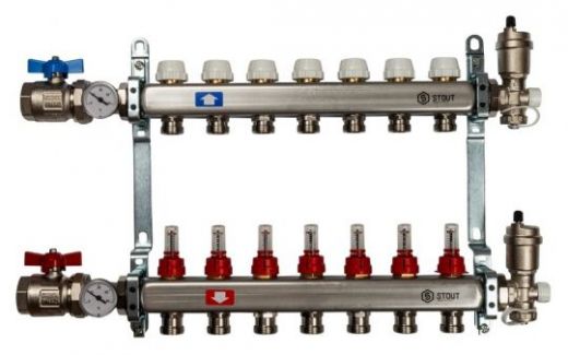 Stout 1" x 3/4" на 7 выходов коллектор с расходомерами в сборе из нерж. стали (SMS-0907-000007)