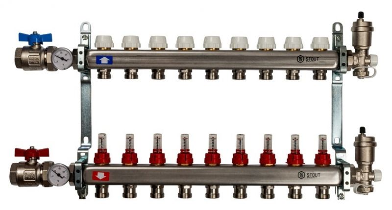 Stout 1" x 3/4" на 9 выходов коллектор с расходомерами в сборе из нерж. стали (SMS-0907-000009)