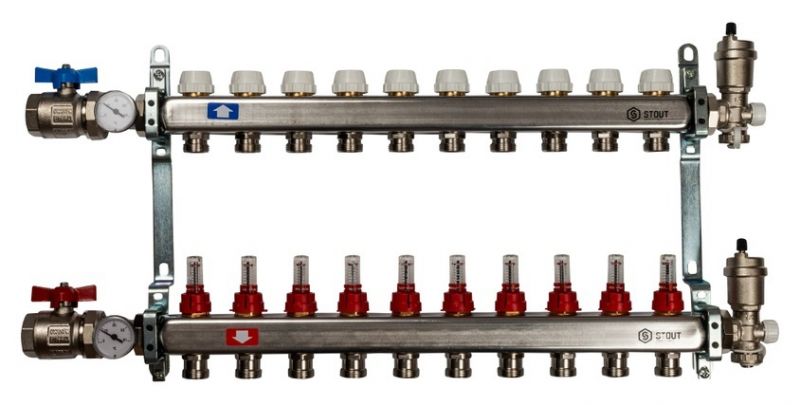 Stout 1" x 3/4" на 10 выходов коллектор с расходомерами в сборе из нерж. стали (SMS-0907-000010)