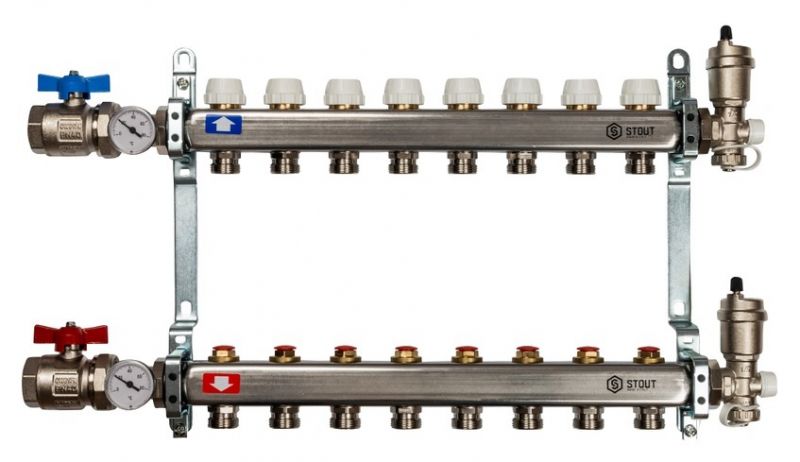 Stout 1"x3/4" на 8 выходов коллектор для радиаторного отопления из нерж. стали (SMS-0912-000008)