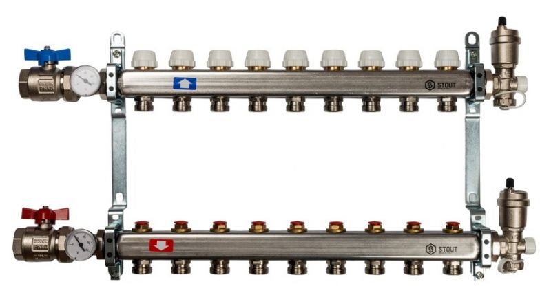 Stout 1"x3/4" на 9 выходов коллектор для радиаторного отопления из нерж. стали (SMS-0912-000009)