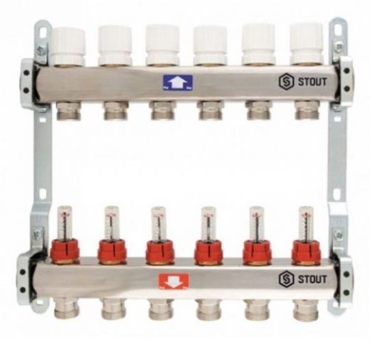 Stout 1" x 3/4" на 3 выхода коллектор с расходомерами из нерж. стали (SMS-0917-000003)