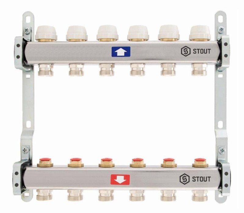 Stout 1" x 3/4" на 6 выходов коллектор для радиаторного отопления из нерж. стали (SMS-0922-000006)