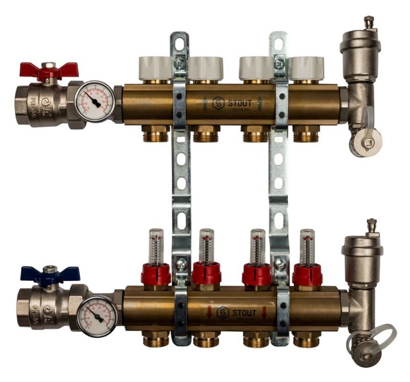 Stout 1"x3/4" на 4 выхода коллектор с расходомерами в сборе из латуни (SMB-0473-000004)