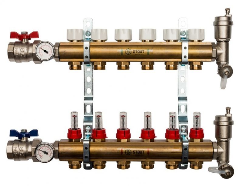 Stout 1"x3/4" на 6 выходов коллектор с расходомерами в сборе из латуни (SMB-0473-000006)