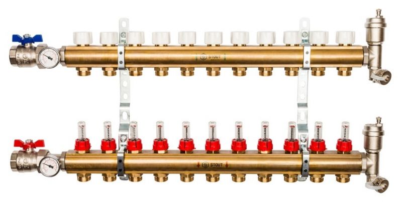 Stout 1"x3/4" на 11 выходов коллектор с расходомерами в сборе из латуни (SMB-0473-000011)