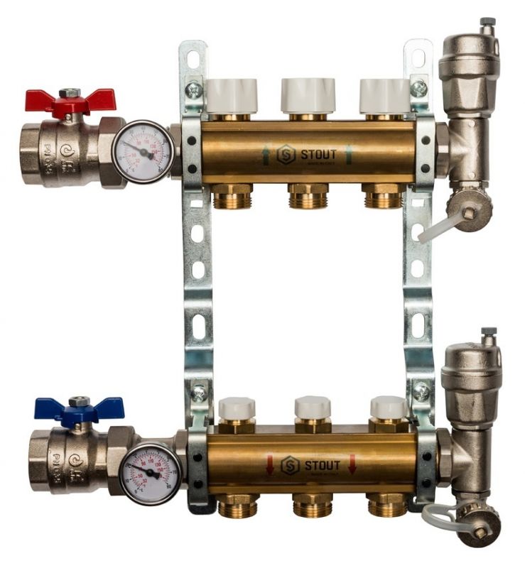 Stout 1"x3/4" на 3 выхода коллектор для радиаторного отопления из латуни (SMB-0468-000003)