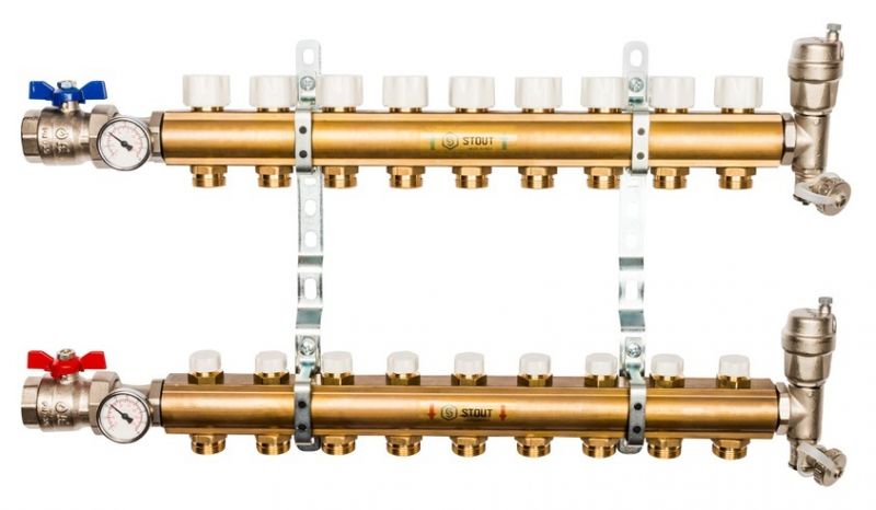Stout 1"x3/4" на 9 выходов коллектор для радиаторного отопления из латуни (SMB-0468-000009)