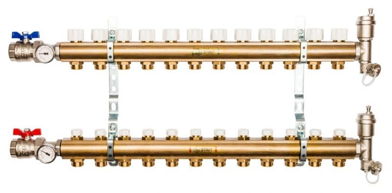 Stout 1"x3/4" на 12 выходов коллектор для радиаторного отопления из латуни (SMB-0468-000012)