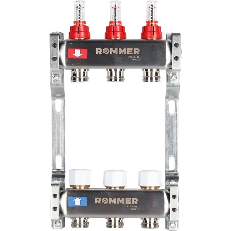 Rommer коллектор 1"x3/4", 3 контура с расходомерами из нерж. стали RMS-1200-000003