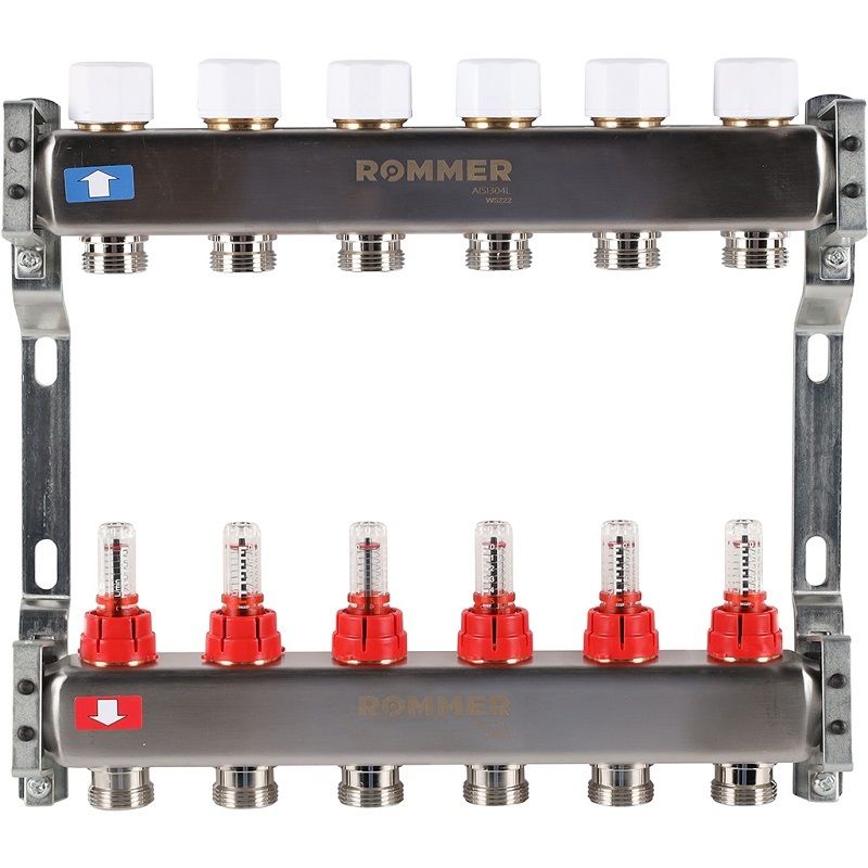 Rommer коллектор 1"x3/4", 6 контуров с расходомерами из нерж. стали RMS-1200-000006