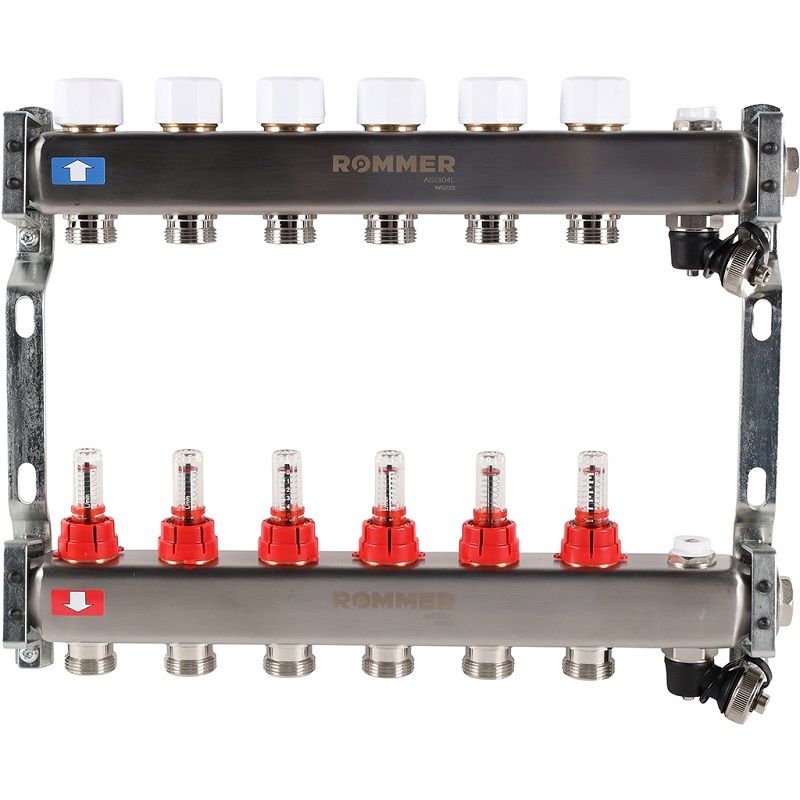 Rommer коллектор 1"x3/4", 6 контуров с расходомерами и запорными клапанами RMS-1201-000006