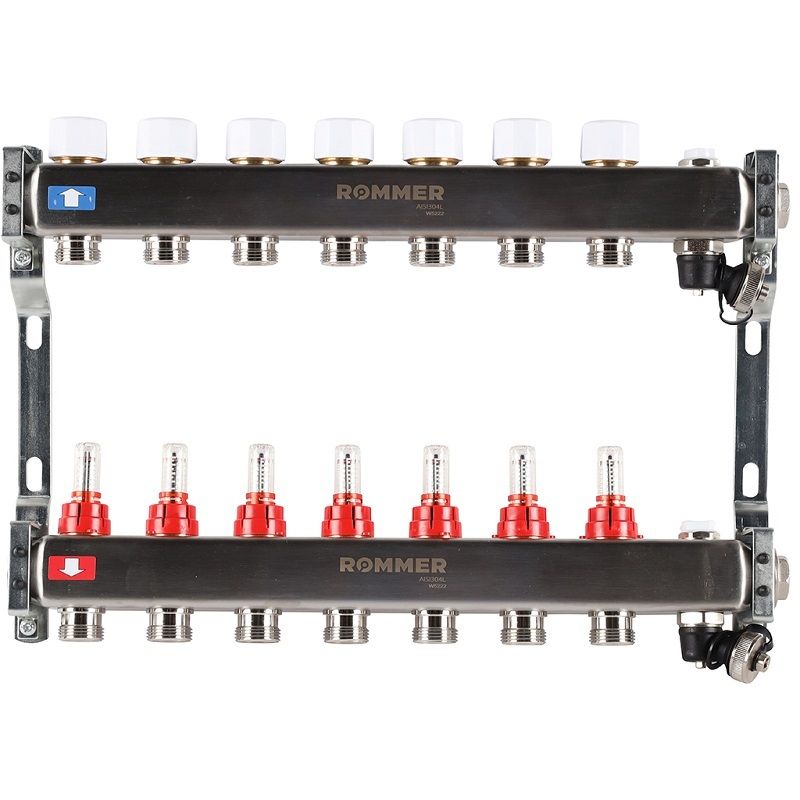 Rommer коллектор 1"x3/4", 7 контуров с расходомерами и запорными клапанами RMS-1201-000007