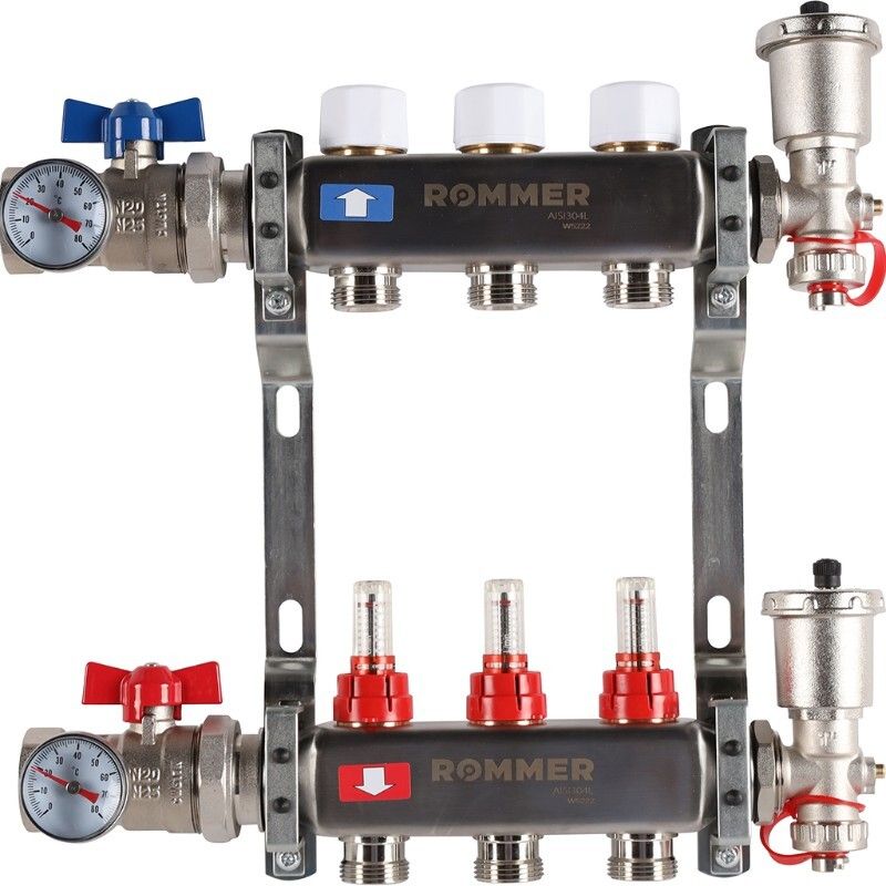 Rommer коллектор 1"x3/4", 3 контура с расходомерами в сборе из нерж. стали RMS-1210-000003