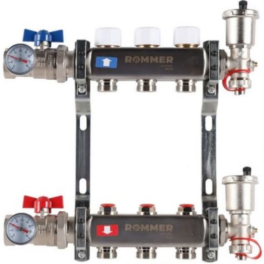 Rommer коллектор 1"x3/4", 3 контура с запорными клапанами в сборе из нерж. стали RMS-3210-000003