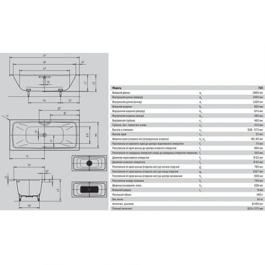 Стальная ванна Kaldewei Cayono Duo 725 180x80 272500010001 без покрытия схема 8