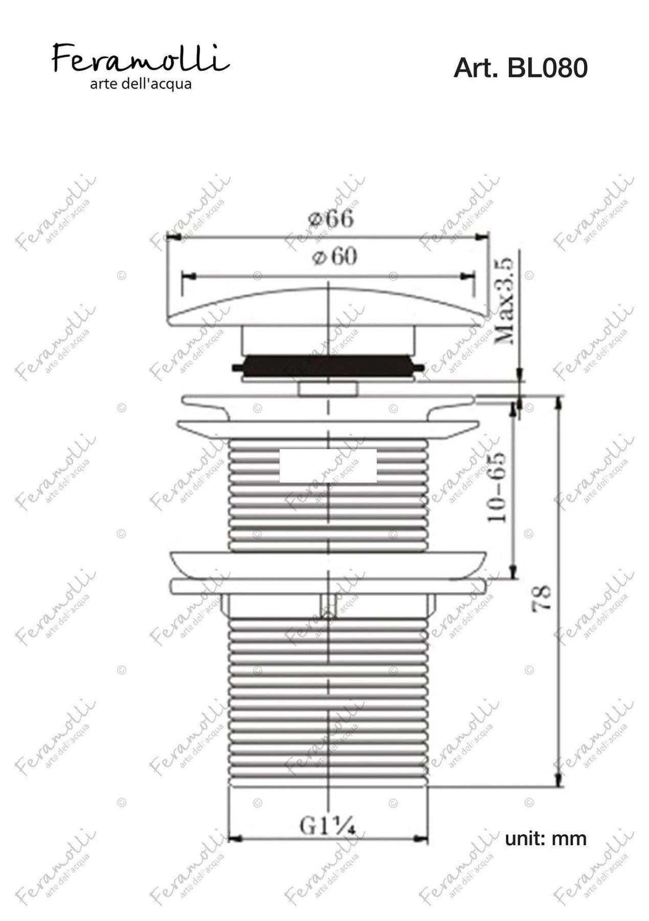 Донный клапан Feramolli BL080 со слив-переливом, черный схема 2