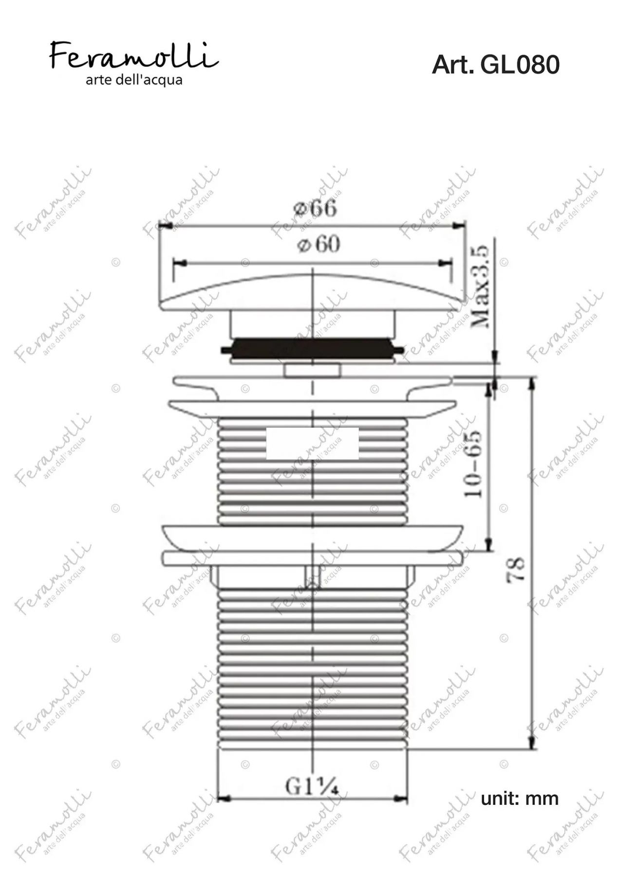 Донный клапан Feramolli GL080 со слив-переливом, золото схема 2