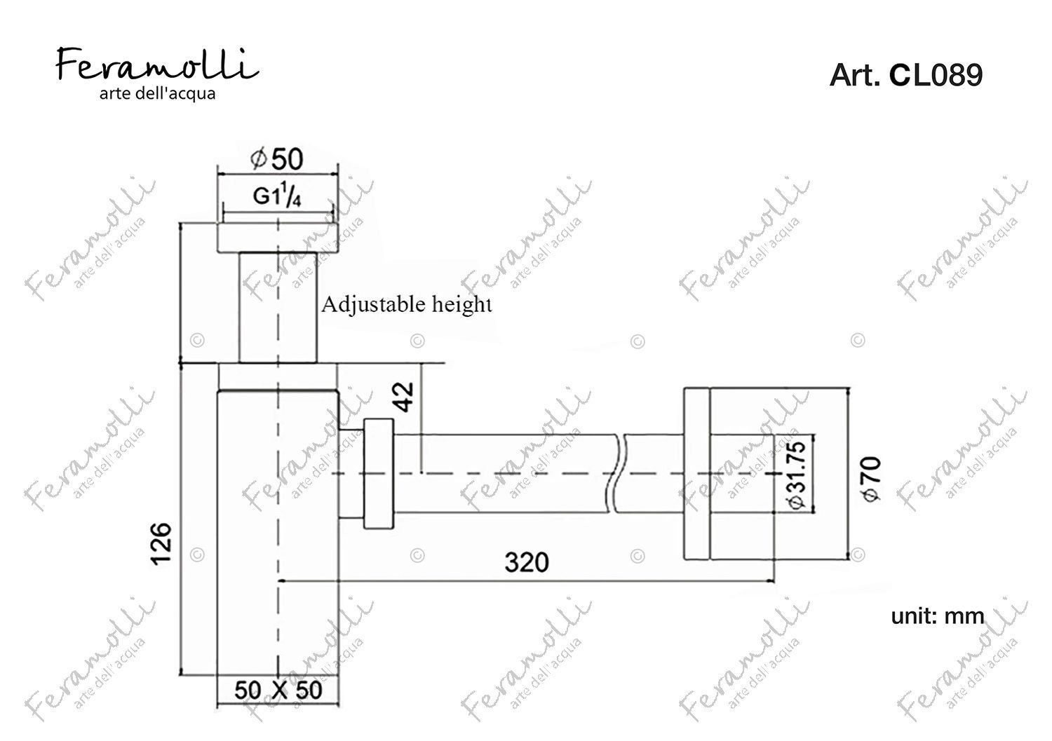 Квадратный сифон для раковины Feramolli CL089, хром схема 2