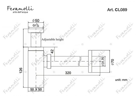 Квадратный сифон для раковины Feramolli CL089, хром ФОТО