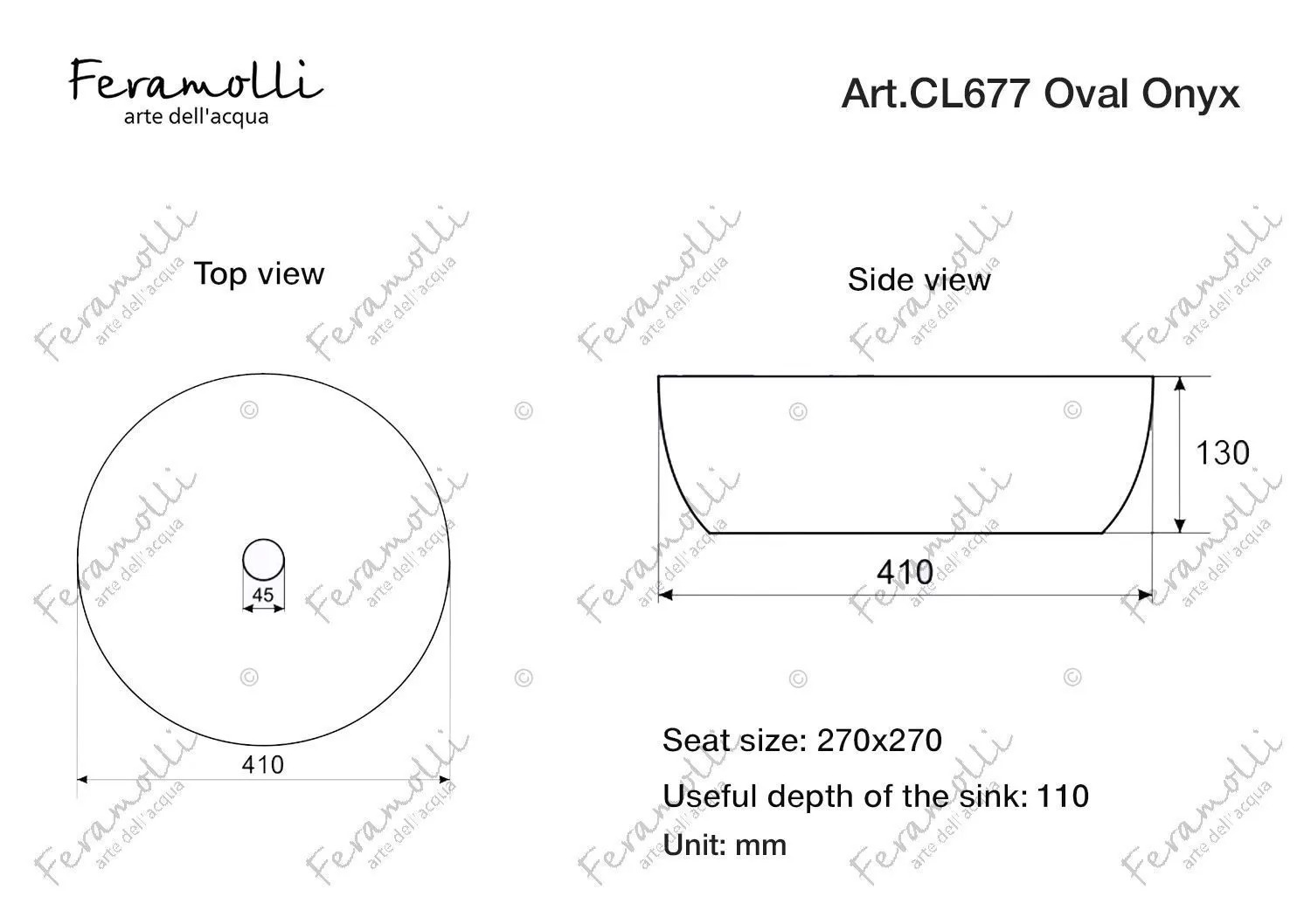 Раковина накладная Feramolli CL677 Oval Onyx, черный 41х41 схема 2