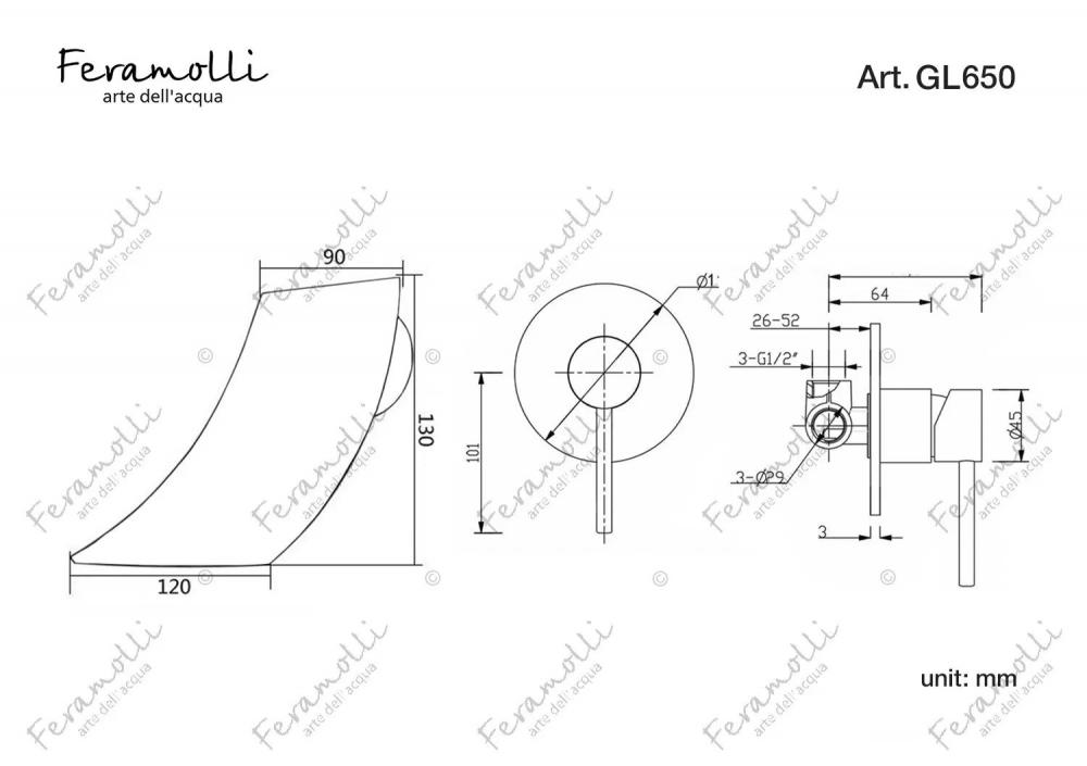 Смеситель для раковины встраиваемый Feramolli GL650, золото схема 2