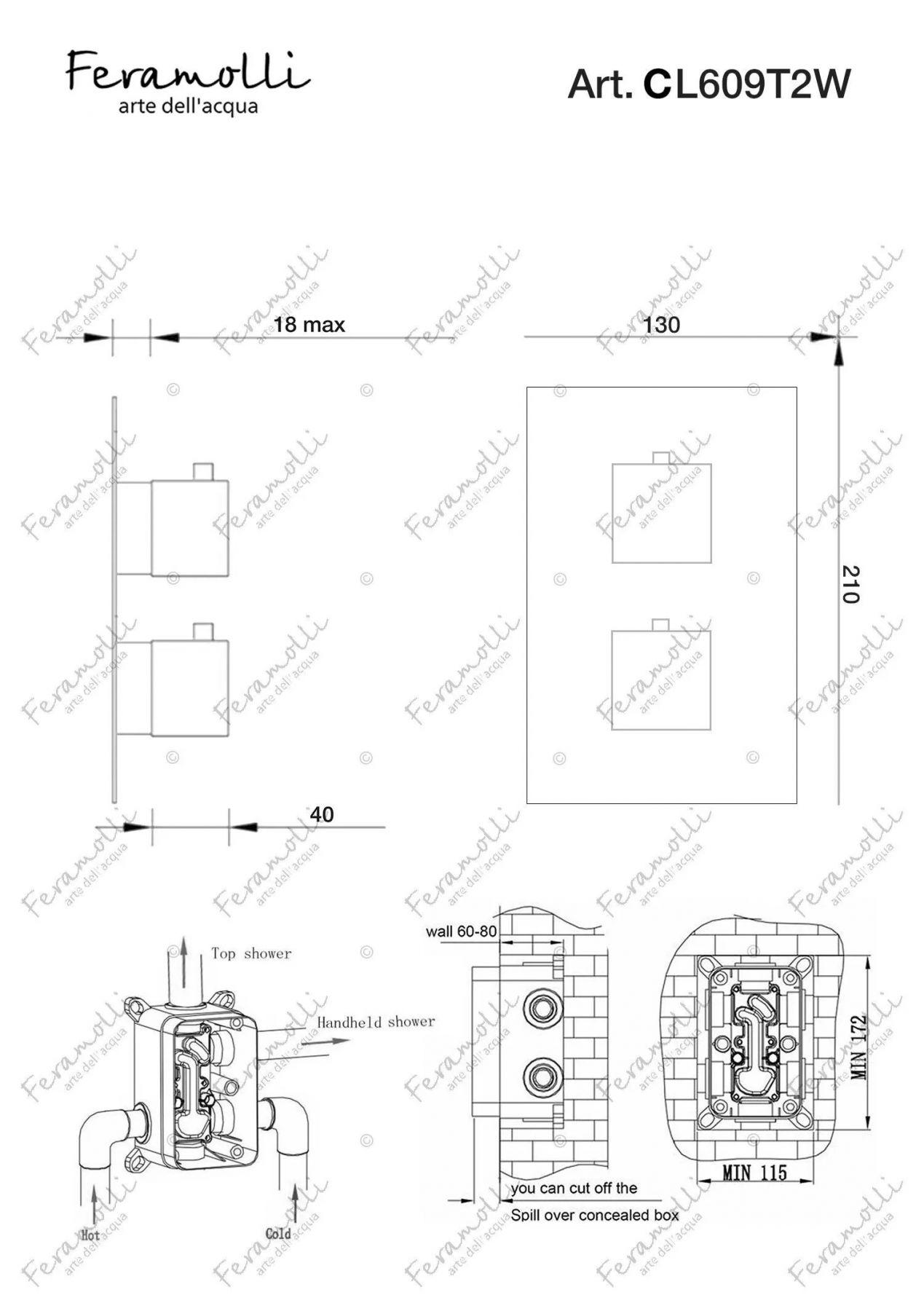 Термостатический смеситель скрытого монтажа на 2 потока Feramolli CL609T2W, хром схема 2