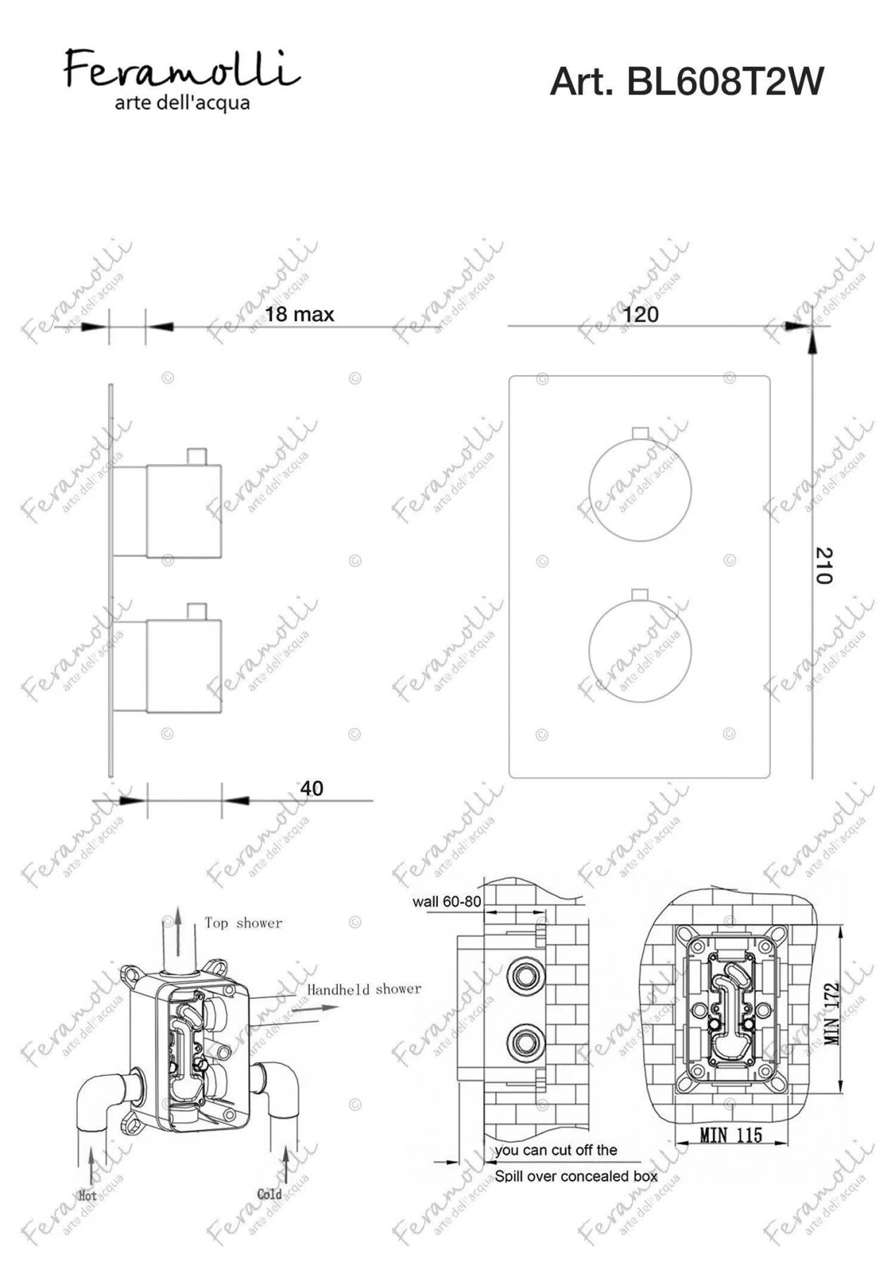 Термостатический смеситель скрытого монтажа на 2 потока Feramolli BL608T2W, черный схема 2