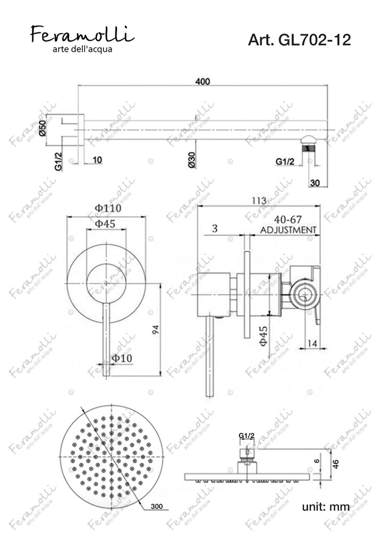 Душевая система Feramolli GL 702-12 (30см.), золото схема 2