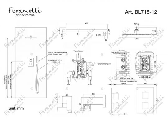 Душевая система с термостатом Feramolli BL715-12 (30см.), черный схема 2