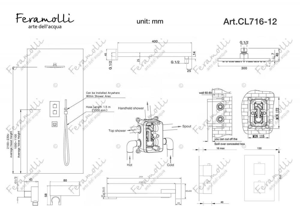 Душевая система с термостатом Feramolli CL716-12 (30см.), хром схема 2