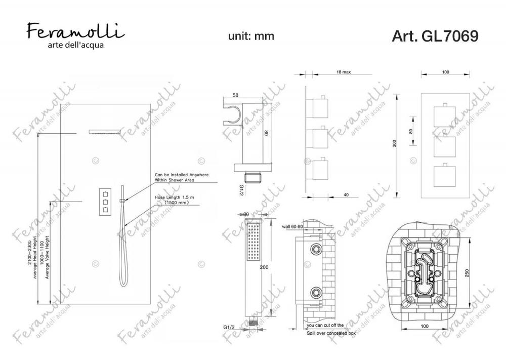 Душевая система с термостатом Feramolli GL7069, золото схема 2