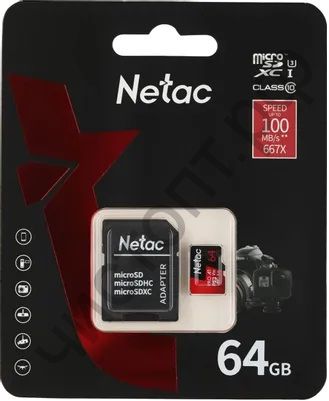 Карта памяти micro SDXC  64GB Netac  P500  Extreme Pro Class 10 UHS-I A1 V30 (100 Mb/s) + SD адаптер