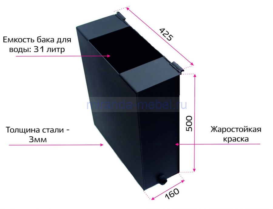 Банная печь "Копеечка" 15 с выносным топливным каналом и с навесным баком 31 л.