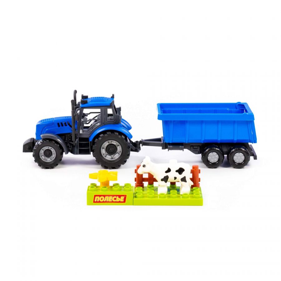Трактор "Прогресс" с прицепом инерционный (синий) + конструктор "Макси" (6 элементов) (в коробке)