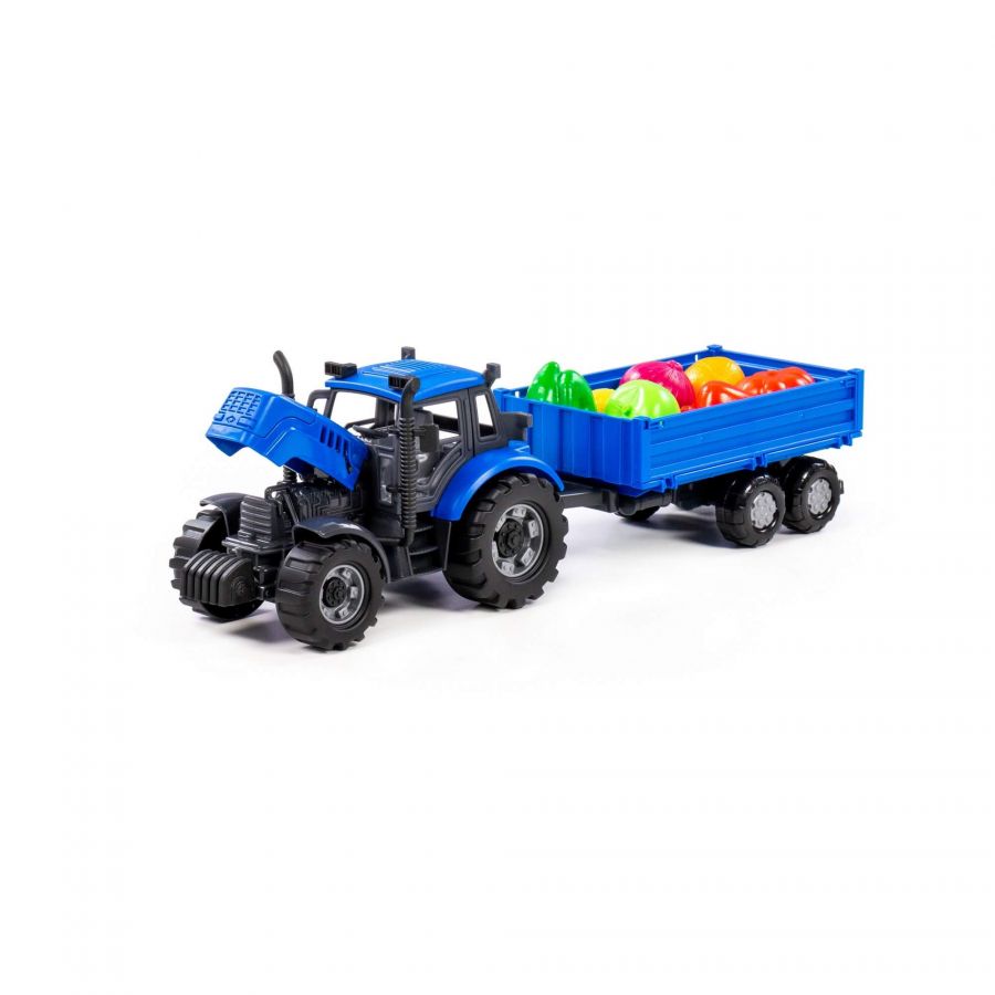 Трактор "Прогресс" с бортовым прицепом инерционный (синий) + набор продуктов (7 элементов) (в коробке)