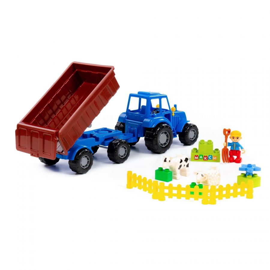 Трактор "Мастер" (синий) с прицепом №1 + конструктор "Макси" (13 элементов) (в сеточке)