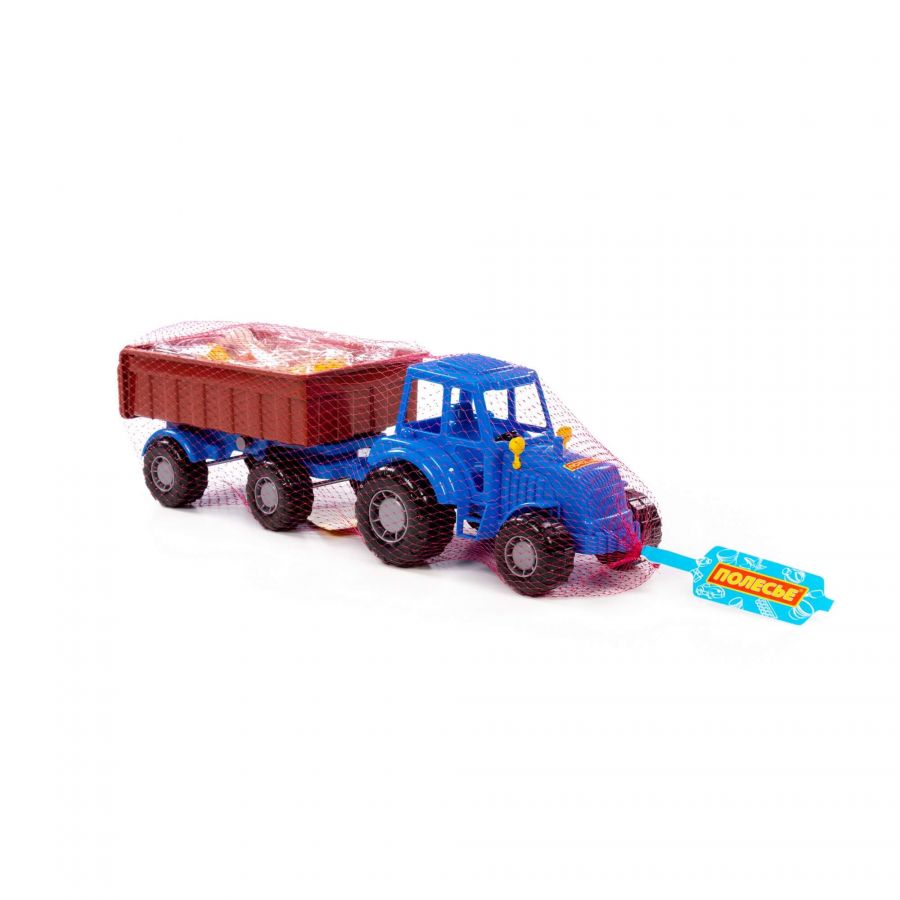 Трактор "Мастер" (синий) с прицепом №1 + конструктор "Макси" (13 элементов) (в сеточке)