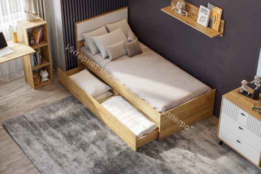 Кровать одинарная (0,9*2,0) Милан с ящиком Дуб Золотой/Белый Матовый