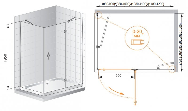 Душевой уголок CEZARES 90x100 BERGAMO-W-AH-1-90/100-P-Cr схема 4