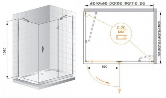 Душевой уголок CEZARES 90x100 BERGAMO-W-AH-1-90/100-P-Cr ФОТО