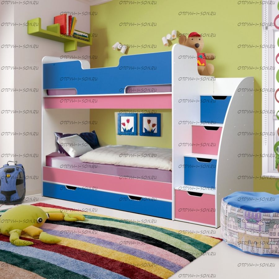 Матрица Кровать двухъярусная Юниор 9 белый+ярко-розовый+синий