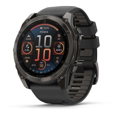 Умные часы Garmin Fenix 8, 51 мм, AMOLED, Sapphire Carbon Gray DLC Titanium with Black/Pebble Gray Silicone band фото