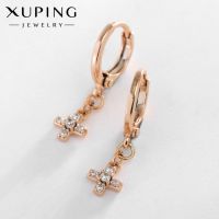 Серьги со стразами XUPING крест малый, цвет белый в розовом золоте