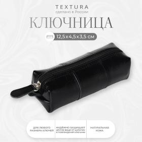 Ключница карманная на молнии, TEXTURA, длина 12,5 см, кольцо, цвет чёрный